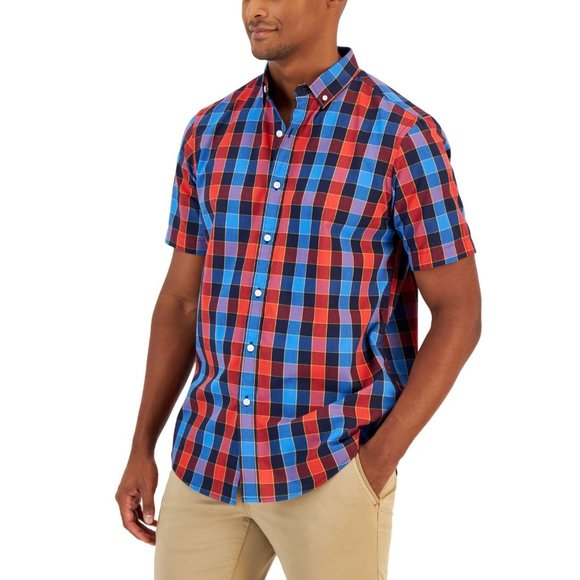 Club Room Mens Plaid Collar Button-Down Shirt, Red/Blue, Size L, NWT - Picture 1 of 5